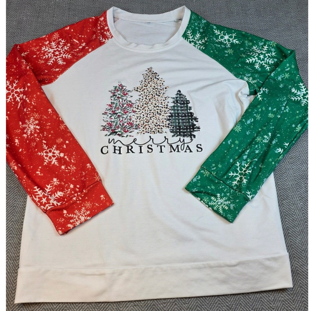 Merry Christmas Graphic Sweatshirt XL Red Green Raglan Snowflake Trees Pullover